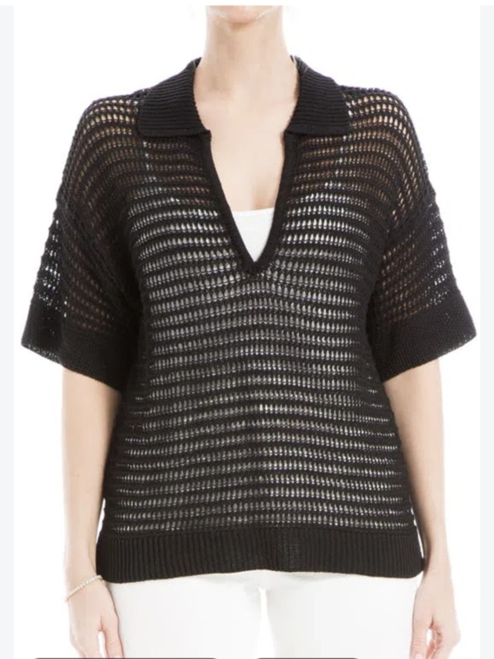 Max Studio Black Open-Knit V-Neck Collared Sweater